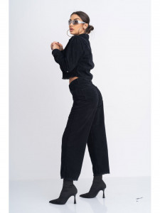 Compleu Dama din Raiat cu Pantaloni Evazati si Jacheta cu Nasturi Metalici Negru - Img 2