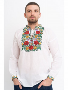 Ie barbat din bumbac alb cu model traditional flori multicolore - Img 2