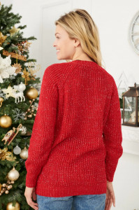 Pulover de Craciun Dama Maneca Lunga Rosu Insertie Auriu model Ren - Img 2