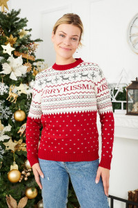 Pulover de Craciun Dama Maneca Lunga Rosu Model KissMas - Img 1