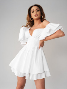 Rochie asimetrica alba cu corset si volane pentru dama - Img 4
