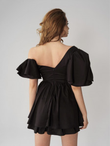 Rochie asimetrica neagra cu corset si volane pentru dama - Img 2