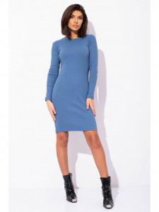 Rochie dama bleu din bumbac, midi cu maneci lungi
