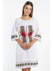 Rochie dama cu model traditional flori rosii