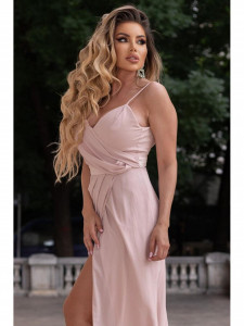 Rochie dama lunga roz cu top vaporos bretele subtiri reglabile si nasturi - Img 1