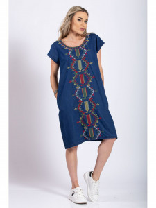 Rochie dama marimi mari din bumbac albastru cu model abstract - Img 5
