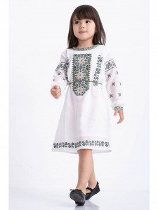 Rochie fetite tip ie traditionala din bumbac alb cu broderie verde - Img 5