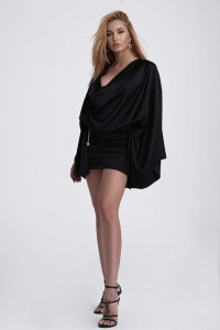 Rochie mini neagra cu drapaje si top vaporos - Img 3