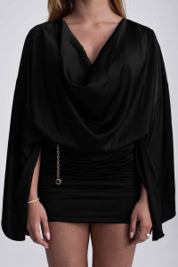 Rochie mini neagra cu drapaje si top vaporos - Img 8