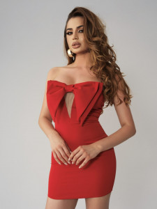 Rochie mini rosie cu crapatura si funda ampla - Img 1