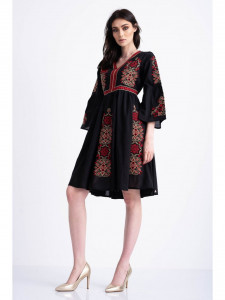 Rochie tip ie traditionala din bumbac negru cu model brodat - Img 2
