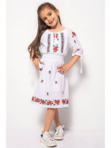 Rochie Traditionala din Bumbac Alb cu Broderie si Banda Elastica in Talie - Img 2
