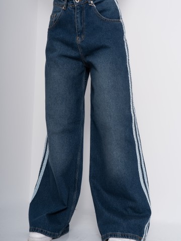 Blue Flare Jeans cu talie inalta si Dungi Laterale - Img 5