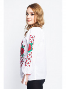 Bluza dama tip ie din bumbac alba cu model traditional rosu - Img 2
