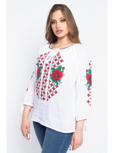 Bluza dama tip ie din bumbac alba cu model traditional rosu - Img 7