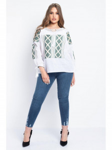 Bluza dama tip ie din bumbac alba cu model traditional verde cu auriu - Img 6