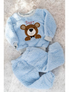 Compleu bebe din bumbac bleu pufos cu urs maro