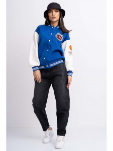 Jacheta Dama din Bumbac Vatuit Albastru cu Maneci Albe Model Baseball - Img 3