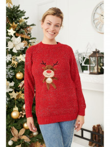Pulover de Craciun Dama Maneca Lunga Rosu Insertie Auriu model Reni - Img 1