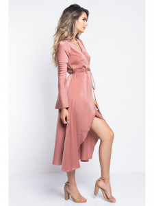 Rochie dama asimetrica din satin latte petrecuta cu snur in talie - Img 3