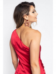 Rochie dama asimetrica din satin rosu cu un umar gol - Img 3