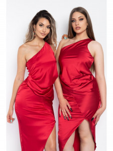Rochie dama asimetrica din satin rosu cu un umar gol - Img 8