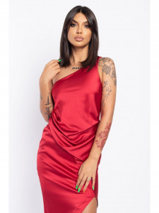 Rochie dama asimetrica din satin rosu cu un umar gol - Img 13