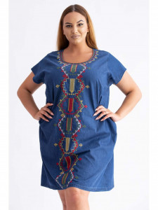 Rochie dama marimi mari din bumbac albastru cu model abstract - Img 2
