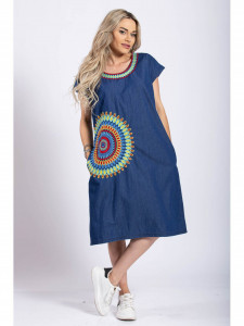 Rochie dama marimi mari din bumbac albastru cu model abstract - Img 5