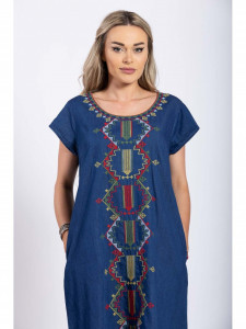 Rochie dama marimi mari din bumbac albastru cu model abstract - Img 7