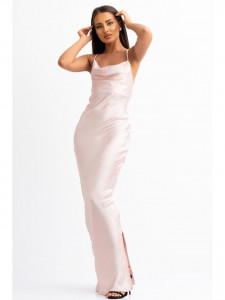 Rochie dama roz pal din satin maxi cu spate gol - Img 4