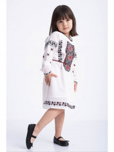 Rochie fetite tip ie traditionala din bumbac alb cu broderie rosie - Img 2