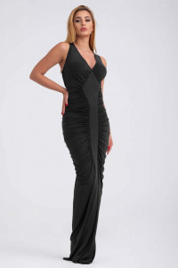 Rochie lunga drapata neagra cu decolteu pentru dama - Img 7