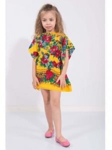 Rochie Model Folclor din Bumbac Galben cu Elastic in Talie - Img 1