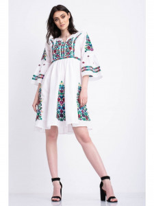 Rochie tip ie traditionala din bumbac alb cu model brodat multicolor - Img 4