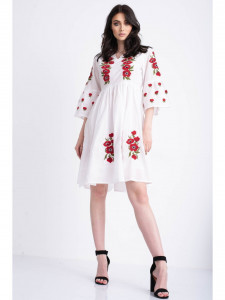 Rochie tip ie traditionala din bumbac alb cu model brodat rosu - Img 4