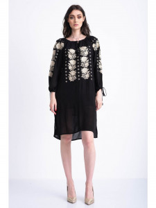 Rochie tip ie traditionala din bumbac negru cu broderie aurie - Img 1