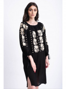 Rochie tip ie traditionala din bumbac negru cu broderie aurie - Img 7
