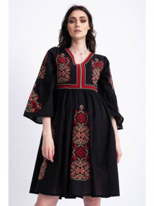 Rochie tip ie traditionala din bumbac negru cu model brodat - Img 3
