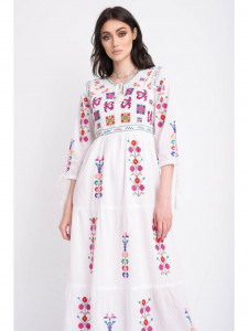 Rochie tip ie traditionala lunga din bumbac alb cu model geometric roz - Img 2