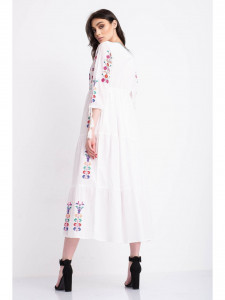 Rochie tip ie traditionala lunga din bumbac alb cu model geometric roz - Img 7