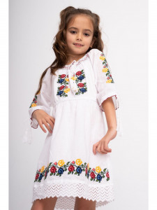 Rochie Traditionala din Bumbac Alb Brodat cu Flori Colorate - Img 2
