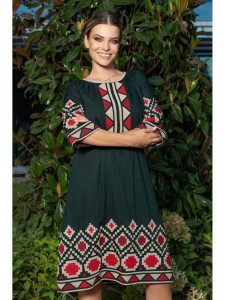 Rochie traditionala din bumbac verde cu broderie - Img 2