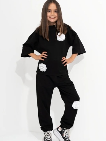 Trening Copii CUSTOM Negru Oversize WKND Flowers cu 3 trandafiri albi-evazat - Img 1