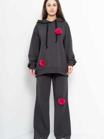 Trening dama COZY CUSTOM Oversize WKND gri cu 3 trandafiri fucsia-slim - Img 1