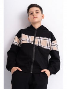 Trening Oversize pentru Copii din Bumbac Negru cu Insertie Carouri - Img 1