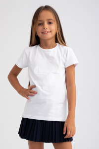 Tricou alb cu maneca scurta si imprimeu cu inimi pentru fete - Img 1