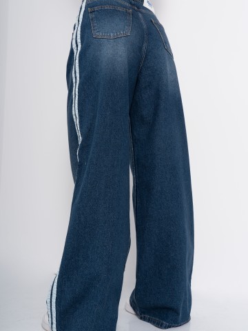 Blue Flare Jeans cu talie inalta si Dungi Laterale - Img 7