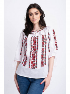 Bluza traditionala din bumbac alb cu broderie inflorata rosie pentru dama