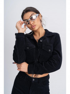 Compleu Dama din Raiat cu Pantaloni Evazati si Jacheta cu Nasturi Metalici Negru - Img 3